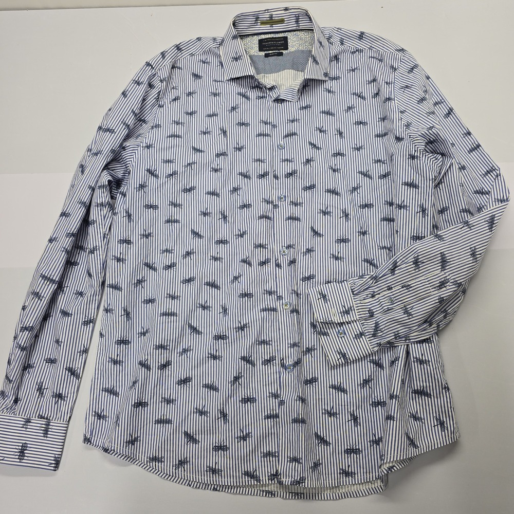 Denim & Flower Ricky Singh XL Blue‎ White Striped Dragonfly Button Down Shirt